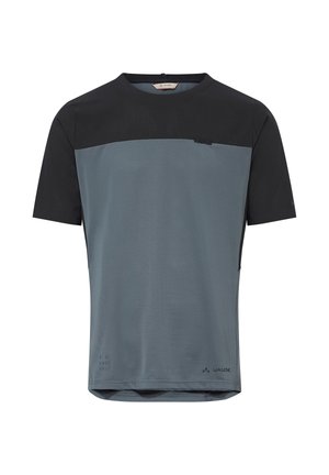 Heren fietsshirt met korte mouwen in blauw-grijs met zwart bovenstuk op de borst en schouders, voorzien van het Vaude-logo rechtsonder.