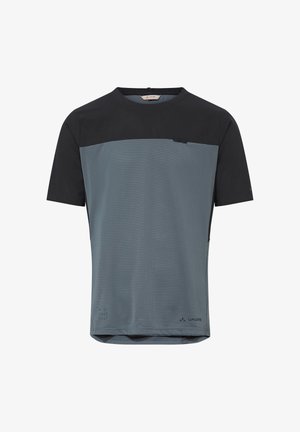 Maillot de cyclisme pour homme à manches courtes, bleu-gris avec poitrine et épaules noires, arborant le logo Vaude en bas à droite.