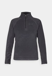 Sudadera de forro polar de manga larga en gris oscuro con cremallera de un cuarto y cuello alto, que presenta un pequeño logo en el lado izquierdo del pecho.