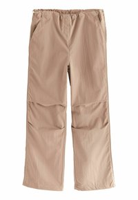 Beige lette bukser med løs pasform, elastisk talje, to sidelommer og glat tekstur. Har syningsdetaljer langs sømmene.