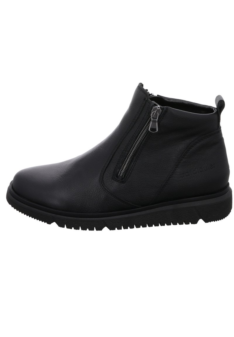Schwarze Knöchelstiefel aus strukturiertem Leder, mit einem seitlichen Reißverschluss, niedrigem Gummisohle und einer Schlaufe für ein einfaches Anziehen.
