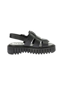 Sandale noire avec un design de lanière, dotée d'une semelle épaisse et striée en matériau semblable à du cuir. Lanière ajustable à la cheville pour un maintien sécurisé.