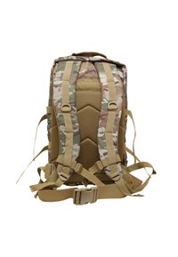 Camouflage backpack with padded straps, mesh backing, and multiple adjustment points. Features beige accents and a structured shape.