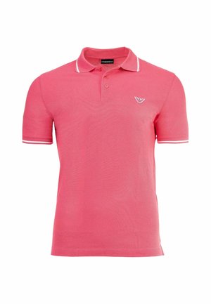Polo da uomo rosa a maniche corte con rifinitura bianca su colletto e maniche, patta con due bottoni e piccolo logo sul petto sinistro.