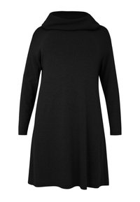 Schwarzes Strickkleid mit Wasserfallausschnitt, langen Ärmeln und einem A-Linien-Schnitt, mit glatter Textur und ohne sichtbare Muster oder Akzente.