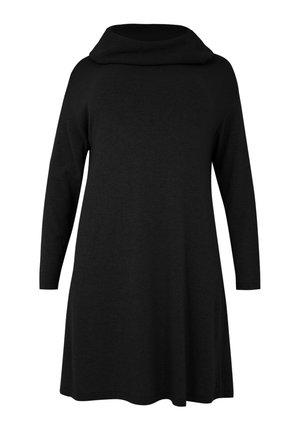 Schwarzes Strickkleid mit Wasserfallausschnitt, langen Ärmeln und einem A-Linien-Schnitt, mit glatter Textur und ohne sichtbare Muster oder Akzente.