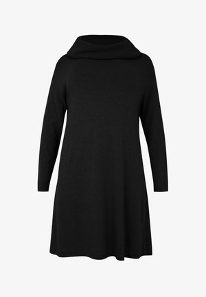 Sort strikket kjole med en faldet halsudskæring, lange ærmer og en A-formet silhuet, med en glat tekstur uden synlige mønstre eller accenter.