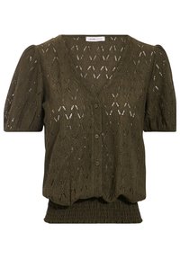 Cardigan tricoté vert olive avec col en V, manches courtes bouffantes, fermeture à boutons et un motif en maille ajourée texturé sur l'ensemble.