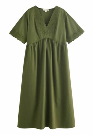 Olive green cotton dress with short, scalloped sleeves, V-neckline, embroidered detailing, and a loose-fitting silhouette.