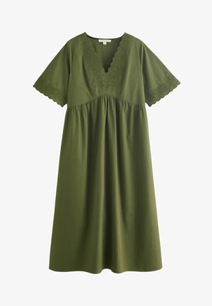 Olive green cotton dress with short, scalloped sleeves, V-neckline, embroidered detailing, and a loose-fitting silhouette.