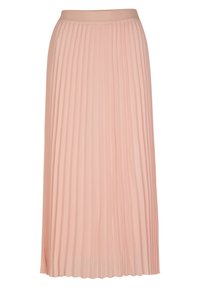 Gonna midi plissettata in morbido tessuto rosa, con una vita liscia e un design fluido. Il materiale sembra leggero con una leggera lucentezza.