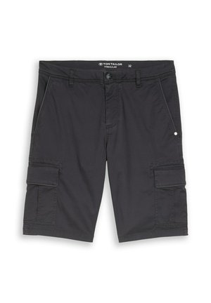 Schwarze cargo Shorts in knielanger Länge mit vorderem Knopf, Reißverschluss, Gürtelschlaufen, zwei Seitentaschen und zwei Klappentaschen an den Oberschenkeln.