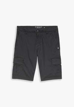 Schwarze cargo Shorts in knielanger Länge mit vorderem Knopf, Reißverschluss, Gürtelschlaufen, zwei Seitentaschen und zwei Klappentaschen an den Oberschenkeln.