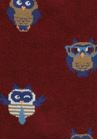 Burgundowa tkanina z kolorowymi wzorami sowy; sowy w okularach, w paski i o różnorodnych fakturach w odcieniach niebieskiego, beżowego i innych tonów.