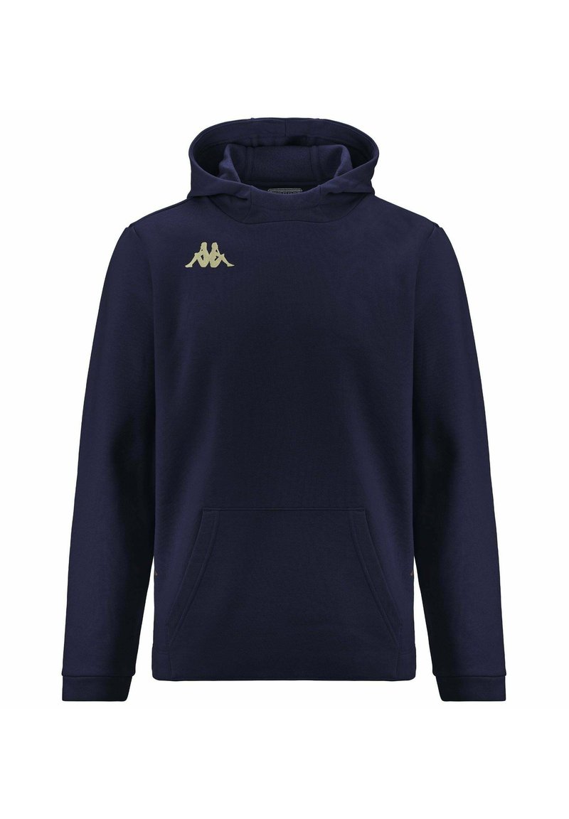 Felpa con cappuccio blu navy realizzata in tessuto morbido, dotata di tasca a marsupio e cappuccio con cordino. Logo dorato sulla parte superiore sinistra del petto.