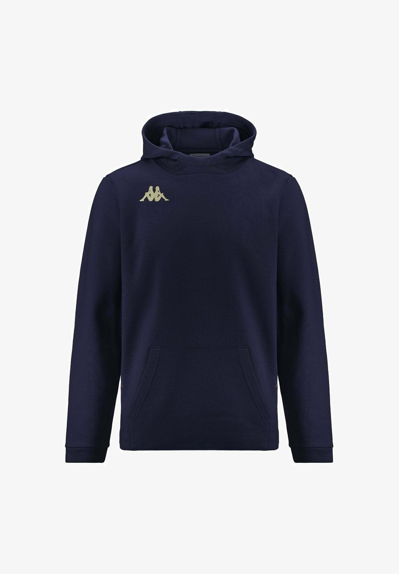 Felpa con cappuccio blu navy realizzata in tessuto morbido, dotata di tasca a marsupio e cappuccio con cordino. Logo dorato sulla parte superiore sinistra del petto.
