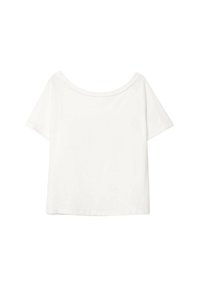 T-shirt blanc à manches courtes en coton doux, avec un col rond évasé et une coupe décontractée, doté d'un ourlet droit et sans motifs.