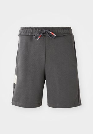 Gray athletic shorts with an elastic waistband and drawstring. Features side pockets and a fabric tag on the left side. Lightweight material.