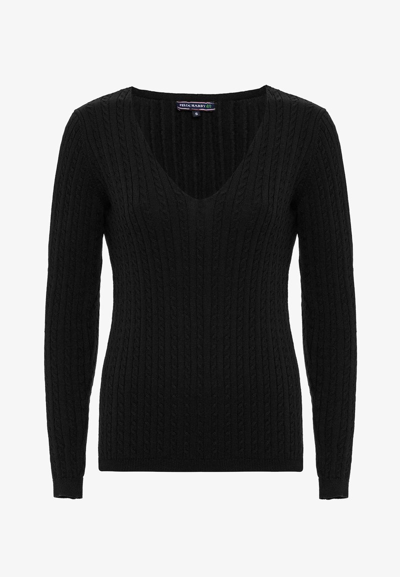 Schwarzer Strickpullover mit V-Ausschnitt, langen Ärmeln, geripptem Muster und enganliegendem Design. Der Stoff wirkt weich mit leichter Textur.