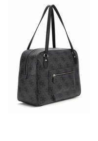 Sac à main gris zippé avec motif logo noir, deux poignées noires et une poche avant. Texture lisse, forme rectangulaire et accents en métal argenté.