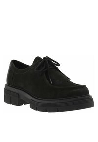 Chaussure en daim noir à lacets avec un bout arrondi, une semelle épaisse noire et des lacets plats. Présente un dessus texturé et un design structuré.