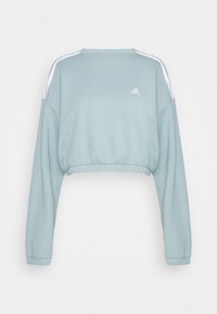 Crop-Sweatshirt aus leichtem blauem Baumwollmix. Mit weißen Seitenstreifen, Rundhalsausschnitt und elastischem Saum sowie Bündchen. Adidas-Logo auf der Brust.