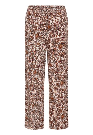 Bő fazonú nadrág barna és rozsda virágmintával fehér alapon, gumis derékrésszel és oldalzsebekkel.