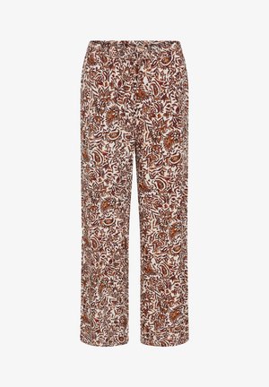 Bő fazonú nadrág barna és rozsda virágmintával fehér alapon, gumis derékrésszel és oldalzsebekkel.