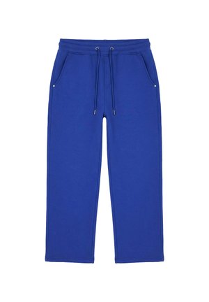Pantalones de chándal azules con cintura elástica, cordón ajustable y bolsillos laterales, mostrados extendidos sobre un fondo blanco.
