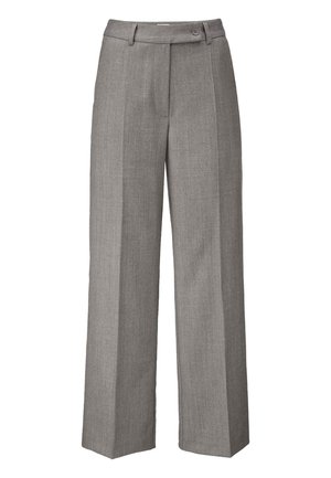 Graue, weitgeschnittene Hosen aus strukturiertem Stoff. Mit vorderen Falten und einem Knopfverschluss. Saubere, maßgeschneiderte Linien und eine hohe Taille.