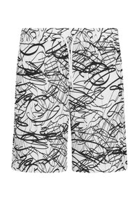 Black and white swim shorts feature a chaotic scribble pattern, elastic waistband, front drawstring, and smooth fabric texture.