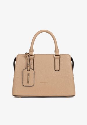 Beige leren handtas met textuur, voorzien van twee handvatten, hardware in goudtint en een subtiel "Hexagona Paris" logo aan de voorkant.