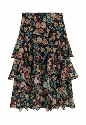 Floraler gestufter Rock mit übereinanderliegenden Rüschen in den Farbtönen Pink, Blau, Beige und Grün auf schwarzem Hintergrund.