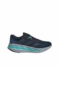 Chaussures de course avec un dessus en mesh bleu marine, une semelle intermédiaire grise et des accents teal. Présente une surface texturée et une semelle extérieure en caoutchouc durable.