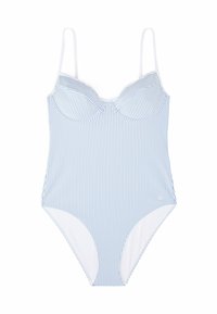 Blauw-wit gestreept badpak met verstelbare banden, voorgemodelleerde cups en hoge beenopeningen. Zachte, rekbare stof.