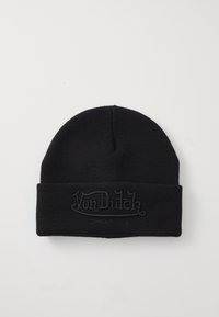 Gorro de punto negro con diseño acampanado, que presenta un logo en relieve de "Von Dutch" en la parte frontal. El material parece suave y texturizado.