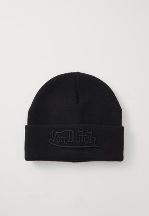 Schwarze Strickmütze mit umgeschlagenem Design, das ein geprägtes "Von Dutch"-Logo auf der Vorderseite zeigt. Das Material wirkt weich und strukturiert.