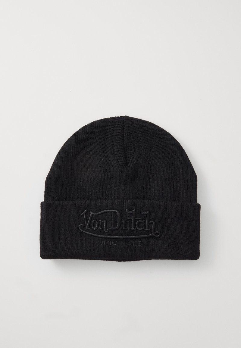 Gorro de punto negro con diseño acampanado, que presenta un logo en relieve de "Von Dutch" en la parte frontal. El material parece suave y texturizado.