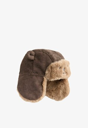 Braune Cord-Trappermütze mit flauschigem beigem Fellfutter und Ohrenklappen, mit kleinen abgerundeten Stoffohren oben.