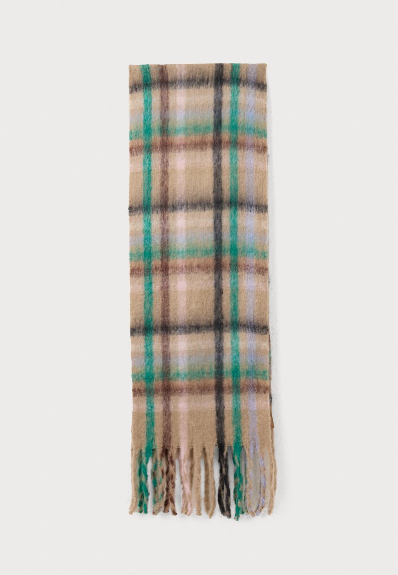 Beige skjerf med grønt, blått, rosa, brunt og svart rutenettmønster, og frynsete ender på hvit bakgrunn.