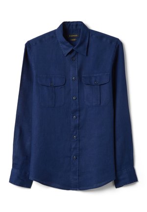 Long-sleeve navy blue button-up shirt with two buttoned chest pockets and a classic collar, laid flat on a white background.