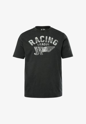 Schwarzes Baumwoll-T-Shirt mit kurzen Ärmeln und Rundhalsausschnitt. Mit einem verblassten weißen Grafiktext "RACING LEAGUE JP" und Flügelakzenten.