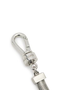 Portachiavi in metallo argentato con design a bullone, texture liscia e moschettone girevole. "ALLSAINTS" inciso sull'hardware.