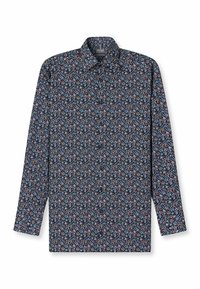 Langarmhemd in Marineblau mit einem floralen Muster in Rot, Weiß und Hellblau. Verfügt über einen klassischen Kragen und eine durchgehende Knopfleiste.