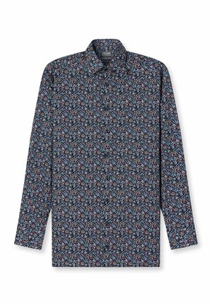 Langarmhemd in Marineblau mit einem floralen Muster in Rot, Weiß und Hellblau. Verfügt über einen klassischen Kragen und eine durchgehende Knopfleiste.