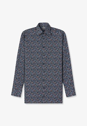 Langarmhemd in Marineblau mit einem floralen Muster in Rot, Weiß und Hellblau. Verfügt über einen klassischen Kragen und eine durchgehende Knopfleiste.