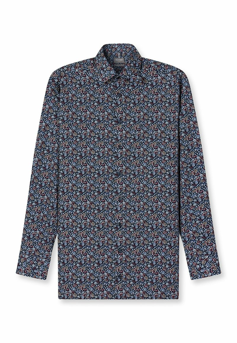 Langarmhemd in Marineblau mit einem floralen Muster in Rot, Weiß und Hellblau. Verfügt über einen klassischen Kragen und eine durchgehende Knopfleiste.