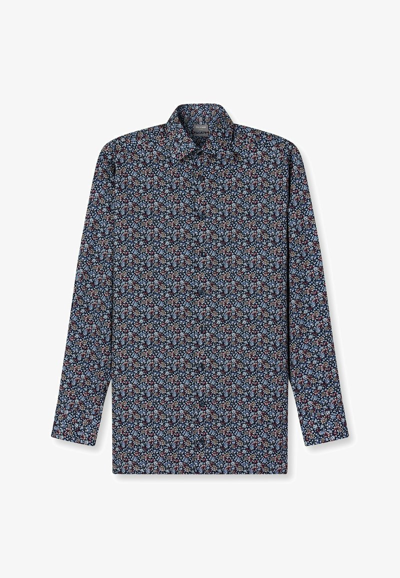 Langarmhemd in Marineblau mit einem floralen Muster in Rot, Weiß und Hellblau. Verfügt über einen klassischen Kragen und eine durchgehende Knopfleiste.