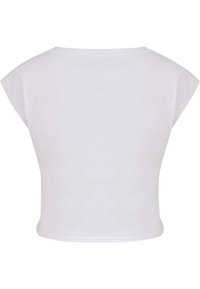 Haut de crop en coton blanc avec des manches courtes, un col rond et une texture lisse, présentant un design simple sans graphiques ou motifs visibles.