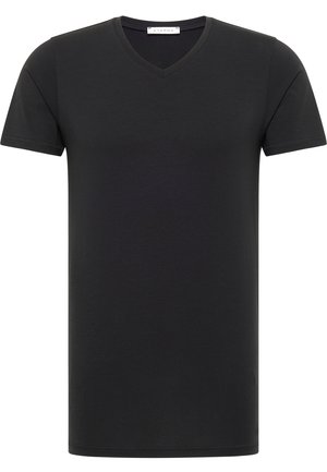 Black short-sleeve t-shirt with a v-neck design. Made from a smooth fabric, featuring a classic fit and clean hemline. No visible patterns or accents.